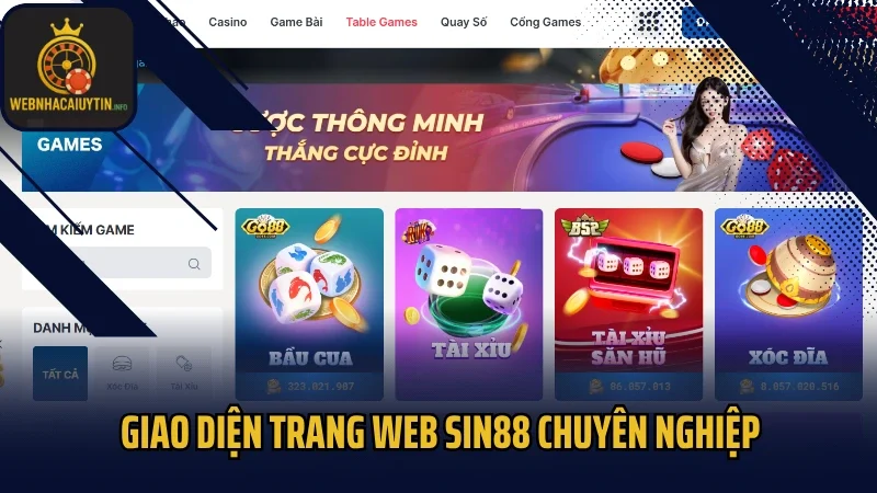 Giao diện trang web Sin88 chuyên nghiệp